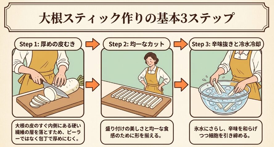 大根スティック作りの3ステップ