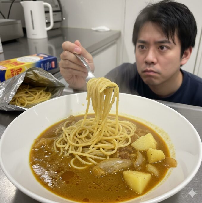 カレーパスタを食べて首をかしげる日本人男性。パスタが水っぽいカレーソースに絡まず、食卓にはレトルトカレーのパッケージが見える。