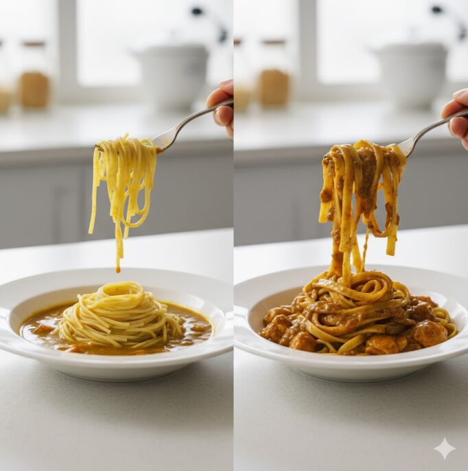 左が水っぽく絡まないカレーパスタ、右が濃厚なソースがしっかりと絡んだ美味しそうなカレーパスタ。