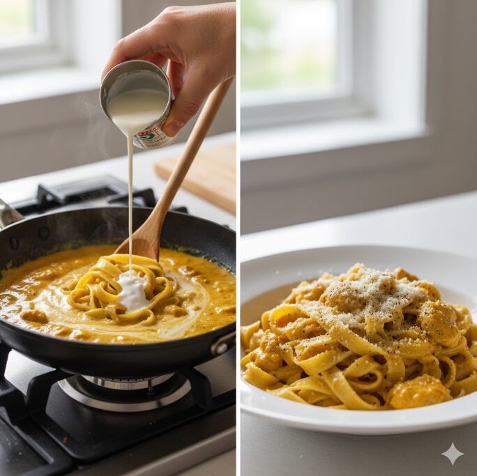 フライパンでカレーパスタに生クリームを加えて乳化させ、まろやかなクリームカレーパスタに仕上げる様子。