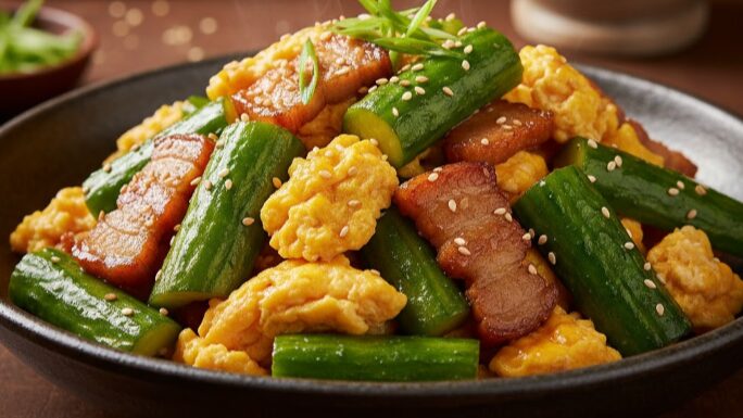 シャキシャキとしたきゅうりとふわふわ卵の中華炒め。湯気が立ち上り、美味しそうなごま油の香りが漂う。