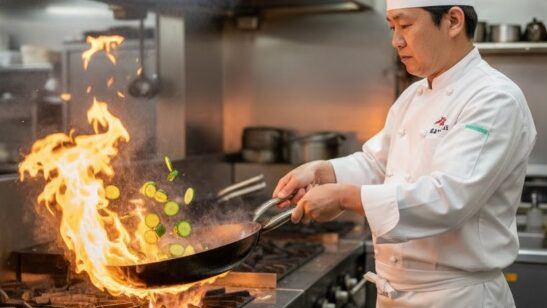 日本人シェフが中華鍋を振り、炎を上げながらきゅうりなどの野菜を強火で素早く炒めている様子。プロの技が光る調理風景。