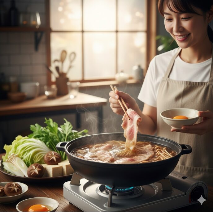 自宅のキッチンですき焼き鍋を囲み、豚肉を箸で持ち上げ笑顔を見せる日本人女性。食卓には白菜やきのこなどの具材、溶き卵が並び、温かい湯気が立ち上る。