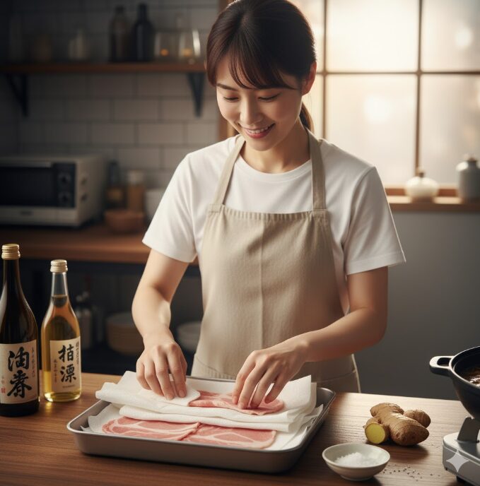キッチンで豚肉のドリップをキッチンペーパーで丁寧に拭き取る日本人女性。隣には料理酒とすりおろし生姜の準備があり、臭み取りの下ごしらえをしている様子。