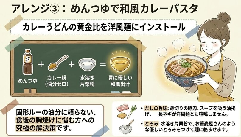アレンジ③：めんつゆで和風カレーパスタ
