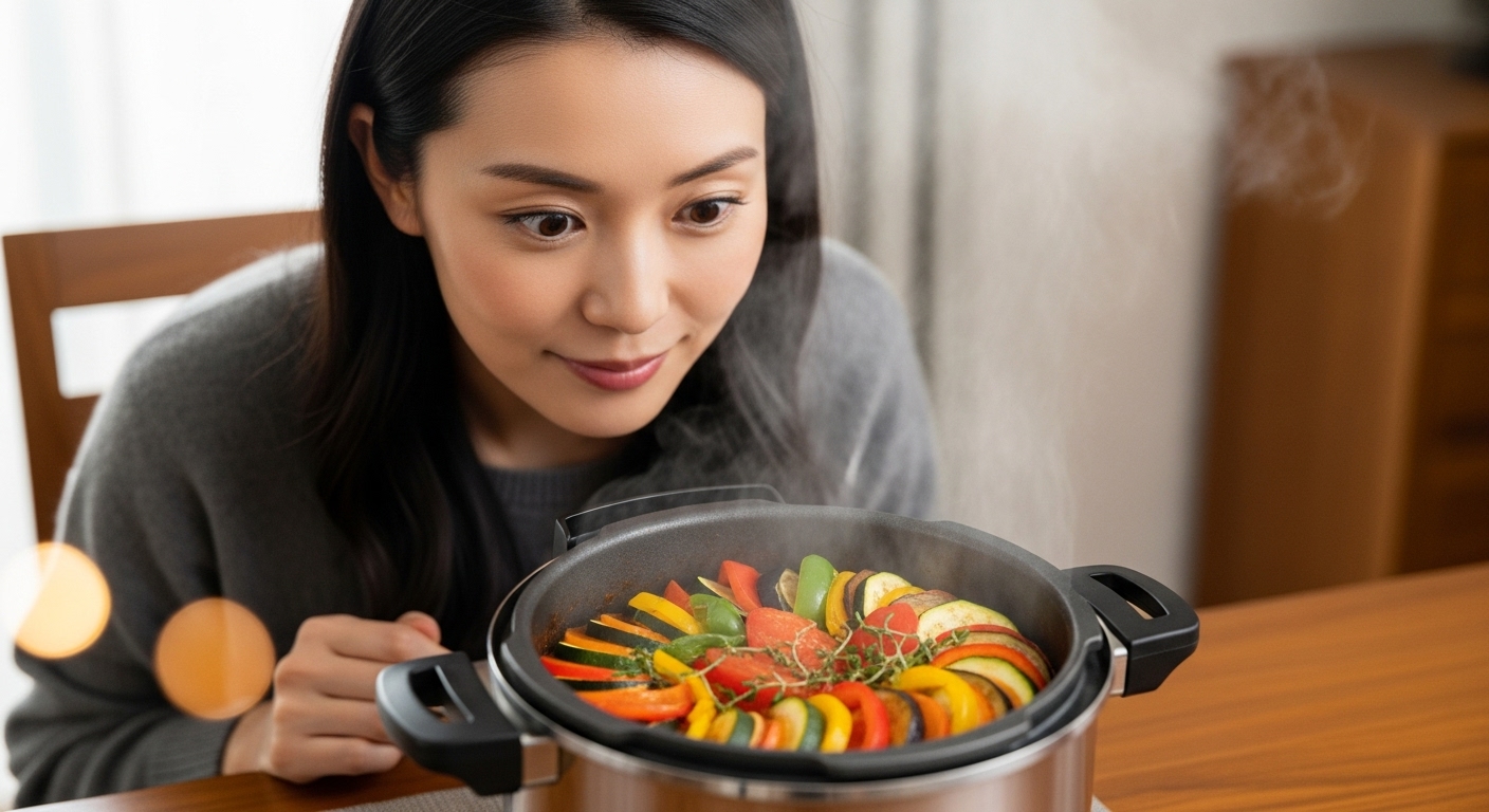 食卓に置かれた温かい圧力鍋ラタトゥイユと、それを見つめる女性
