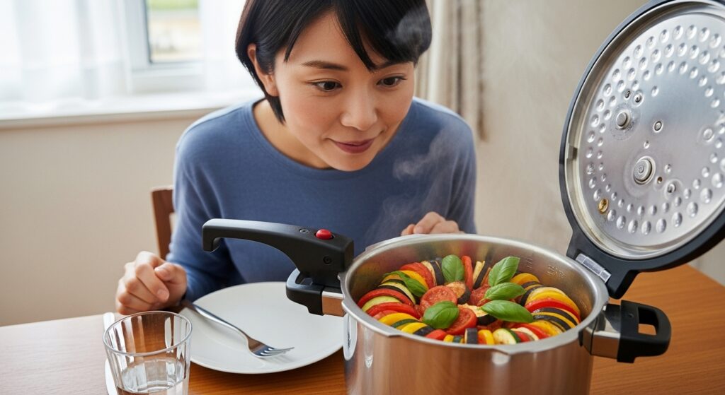 食卓に置かれた温かい圧力鍋ラタトゥイユと、それを見つめる女性