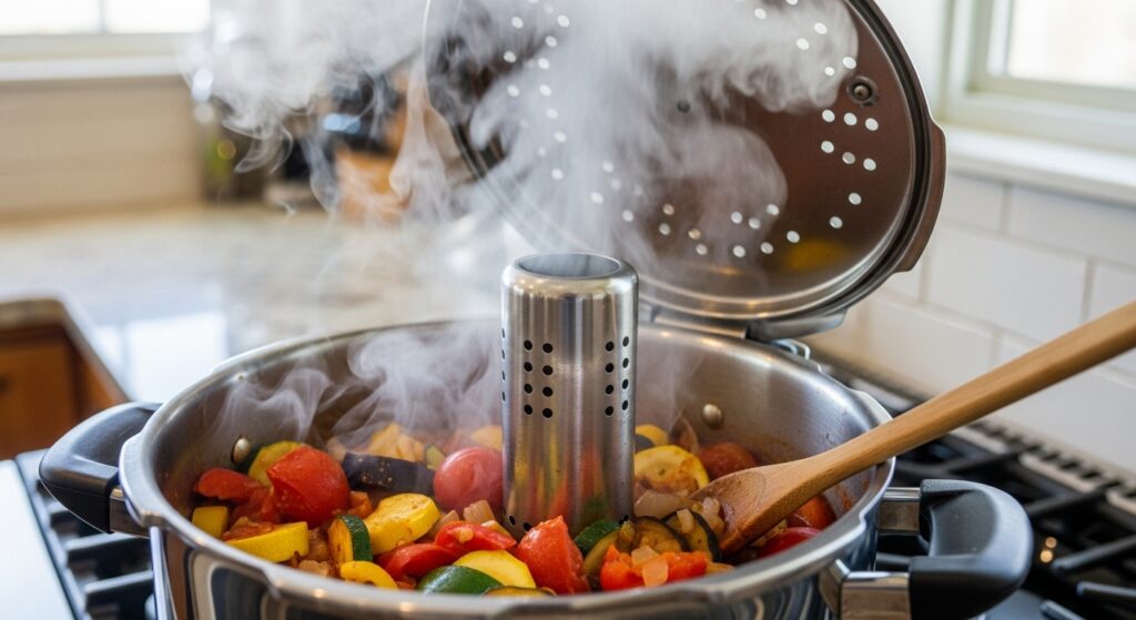 キッチンで圧力鍋を使ってラタトゥイユを調理する様子。湯気が立ち上り、時短調理のイメージを表現。