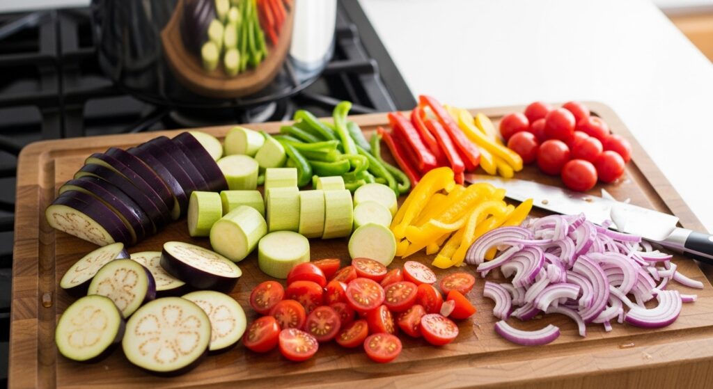 カラフルな夏野菜(ナス、ズッキーニ、パプリカ、トマト、玉ねぎ)が並べられたまな板と、圧力鍋
