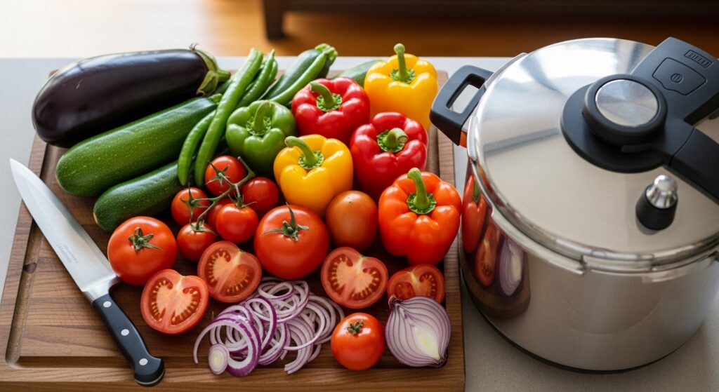 カラフルな夏野菜(ナス、ズッキーニ、パプリカ、トマト、玉ねぎ)が並べられたまな板と、圧力鍋