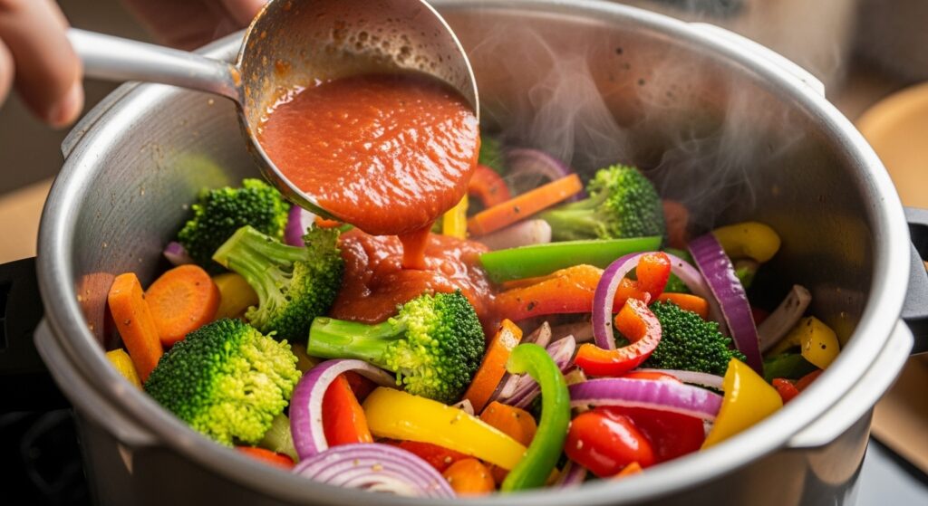 圧力鍋の中で色とりどりの野菜が炒められ、トマトソースが加えられている調理中の様子