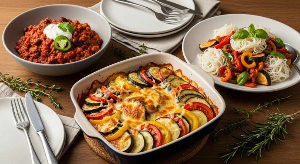 チーズがとろけるラタトゥイユグラタン、スパイスが効いたチリコンカン風、そうめんが添えられたラタトゥイユの3種類のアレンジ料理が並べられた食卓