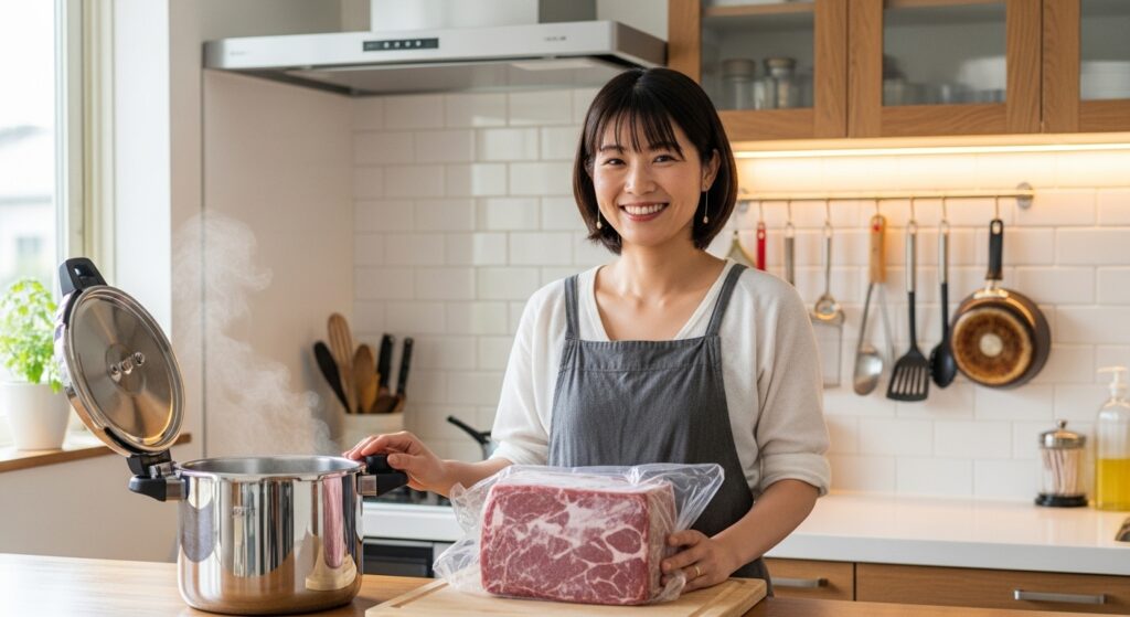 冷凍された大きな肉の塊と圧力鍋を前に笑顔で立つ女性
