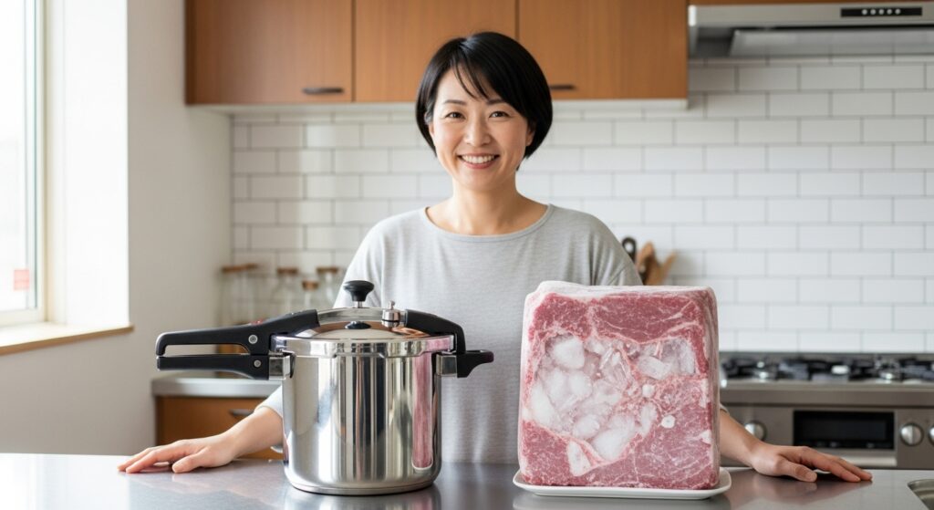 冷凍された大きな肉の塊と圧力鍋を前に笑顔で立つ女性