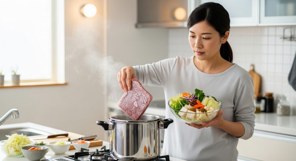 圧力鍋で調理中の食材と凍った肉を手に持つ女性