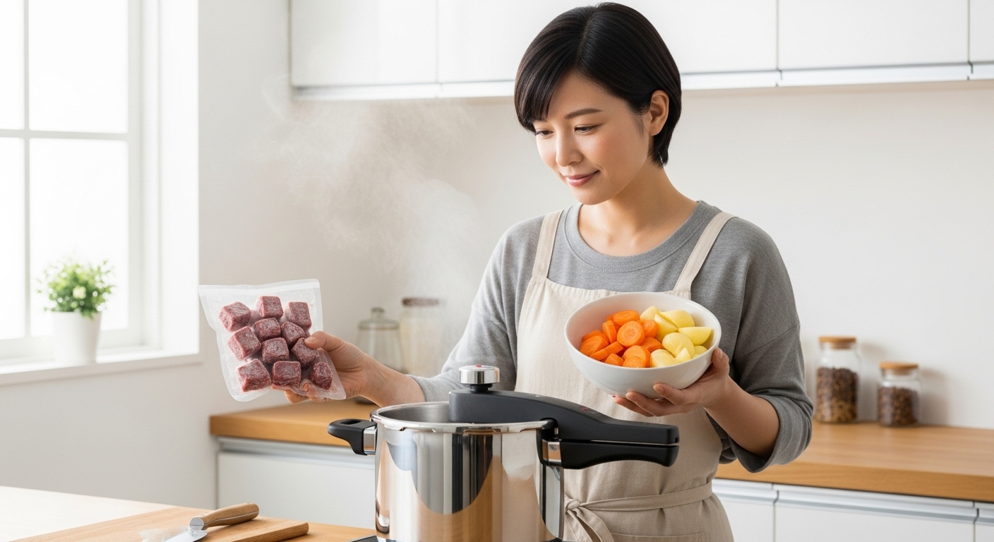 圧力鍋で調理中の食材と凍った肉を手に持つ女性