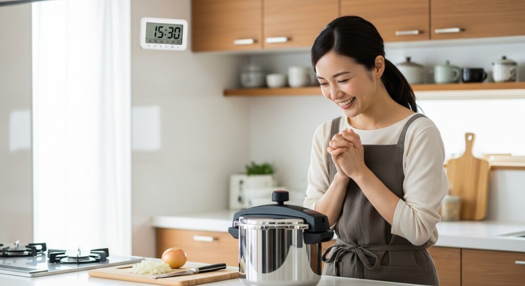 圧力鍋で料理をしながら、時短を喜ぶ女性