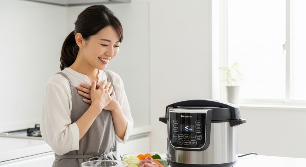 圧力鍋で料理をしながら時短を喜ぶ女性