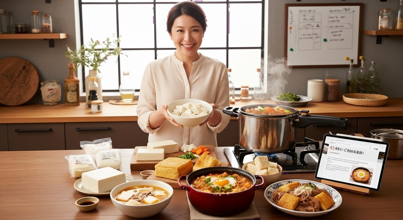 圧力鍋とたくさんの豆腐を使って、キッチンで楽しそうに料理をする日本人女性。テーブルには麻婆豆腐やスンドゥブチゲのような豆腐料理が並んでいる。