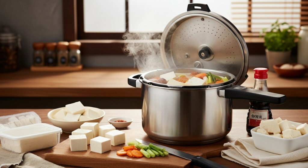 圧力鍋で調理中の木綿豆腐と野菜。湯気が立ち上り、美味しそうな香りが漂うキッチンの様子。