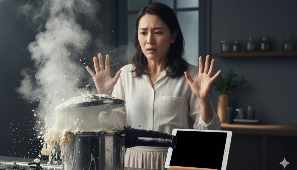 圧力鍋から白い液体が勢いよく噴き出し、驚いて手を広げる日本人女性。隣にはタブレットが表示されており、圧力鍋のトラブルについて検索している様子。