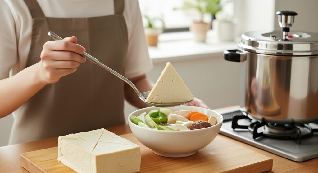 圧力鍋で調理された煮崩れていない三角にカットされた豆腐を、スプーンで取り分けている日本人女性。