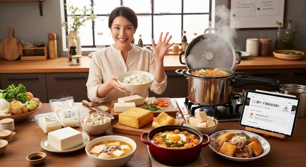 圧力鍋と木綿豆腐、高野豆腐、厚揚げ、焼き豆腐など様々な種類の豆腐が並んだキッチンで、笑顔で調理中の日本人女性。テーブルには豆腐料理が並べられている。