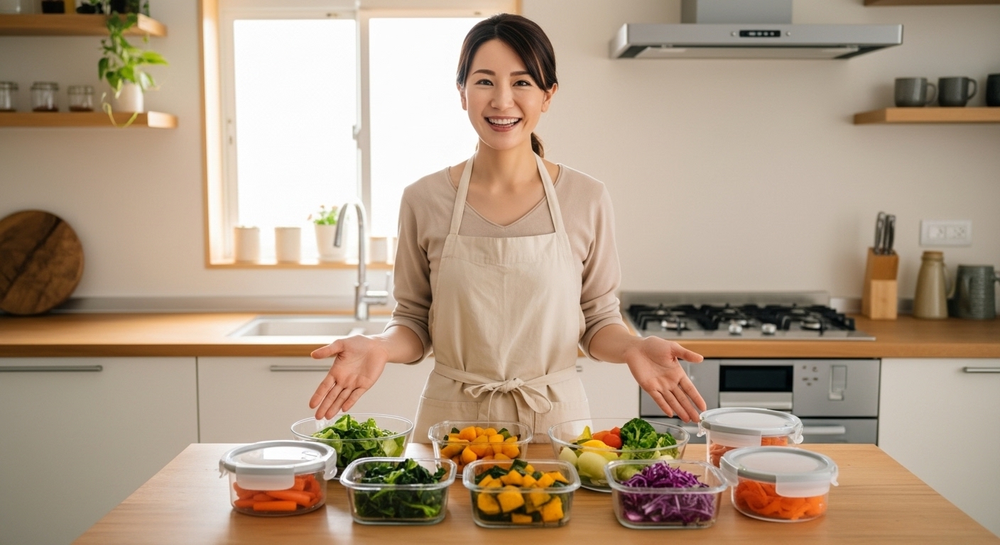 キッチンで温野菜の作り置きを準備し、笑顔でポーズをとる日本人女性。複数の保存容器に色とりどりの温野菜が並べられている。