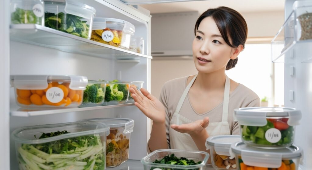 冷蔵庫を開けて作り置きの温野菜が入った保存容器を見つめる日本人女性。容器には日付が書かれたラベルが貼られている。
