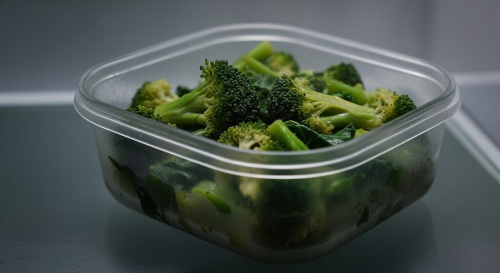 ぬめりや異臭がする、カビが生えたブロッコリーが確認できる。保存容器に入れられた温野菜が腐敗している様子。