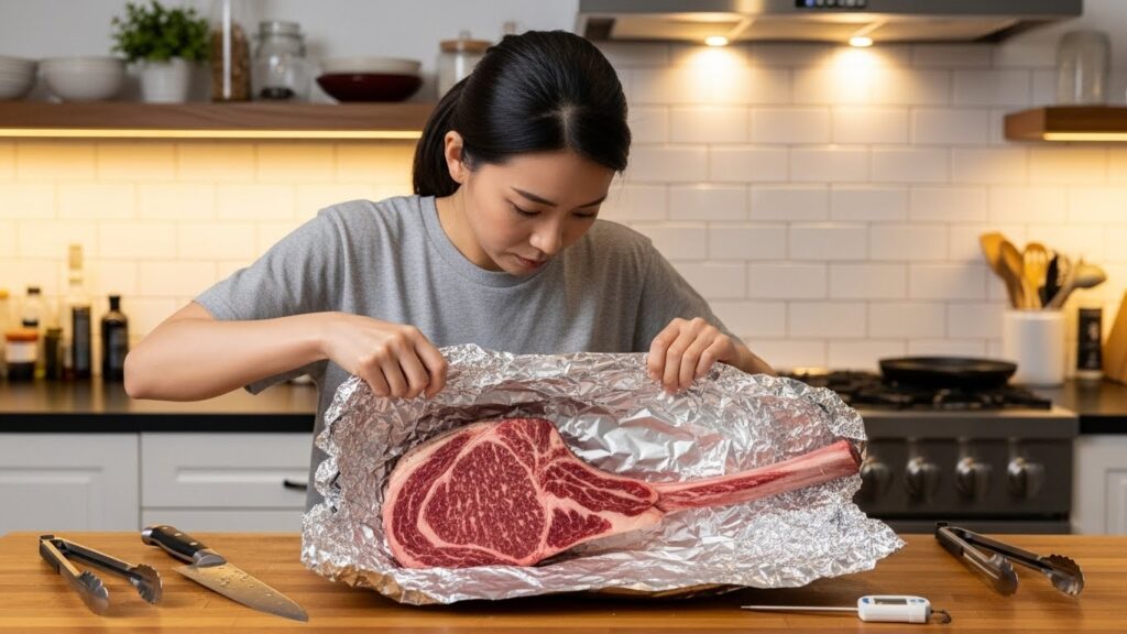 アルミホイルで休ませて肉汁を閉じ込める