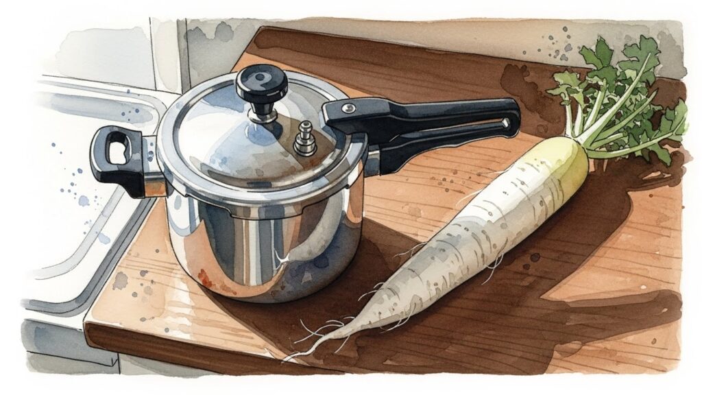 圧力鍋で大根を下茹でなしにする下ごしらえ