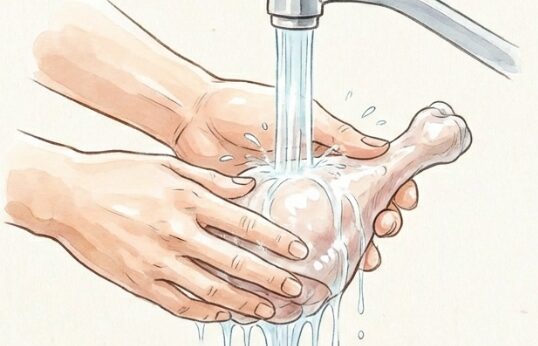 骨付き鶏肉鍋の汚れを流水で洗う