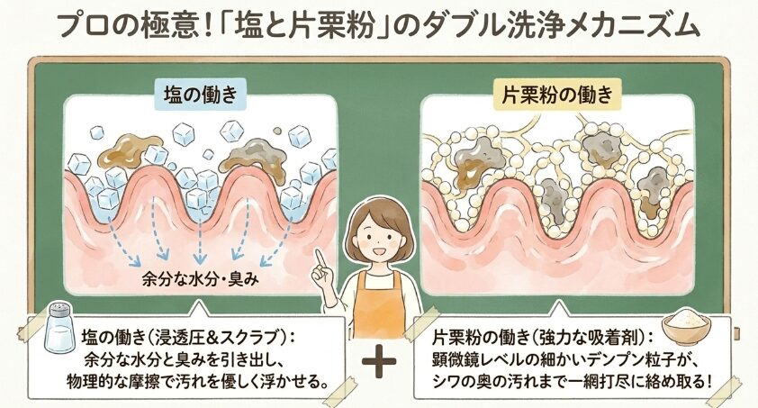 片栗粉と塩が汚れを吸着してくれる仕組み