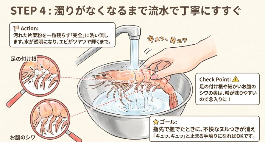 流水で丁寧に洗い流してヌルヌルを取る