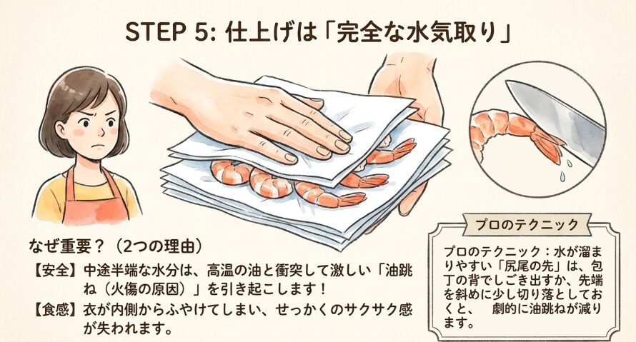 揚げ油が跳ねないよう水気は完全に拭き取る