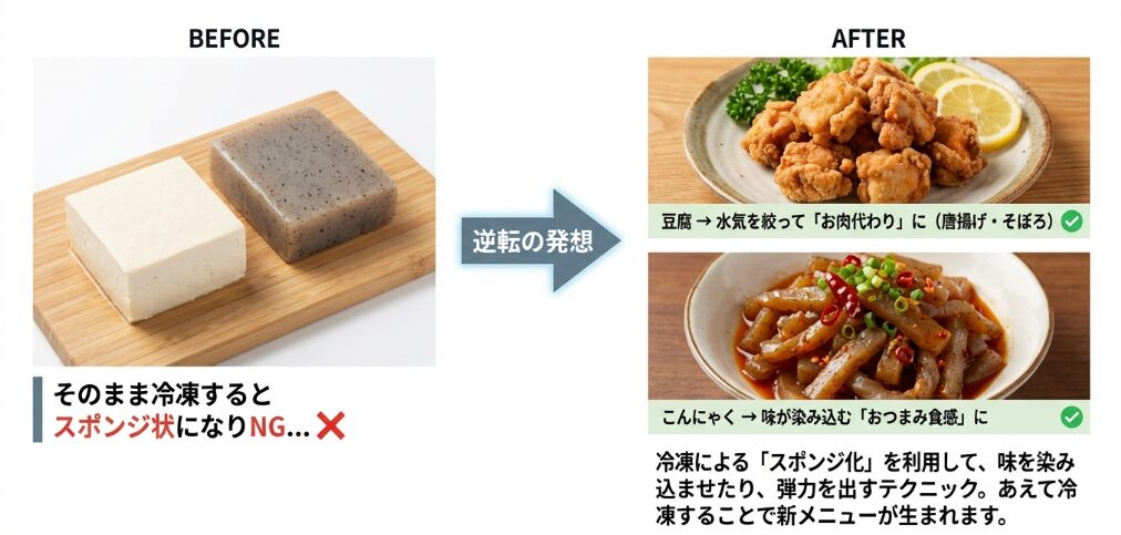 水分たっぷり系(豆腐・こんにゃく)は解凍後が悲惨?