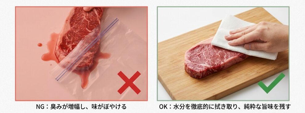 ドリップ（水分）をしっかり拭き取る