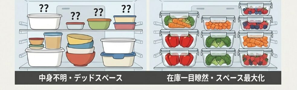 中身が一目でわかる透明度と冷蔵庫がスッキリするスタッキング性