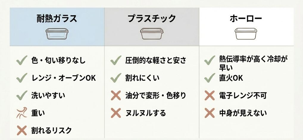素材別(ガラス・プラ・ホーロー)のメリット・デメリット