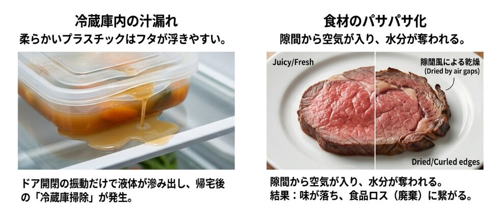 冷蔵庫内の汁漏れと食材のパサパサ化