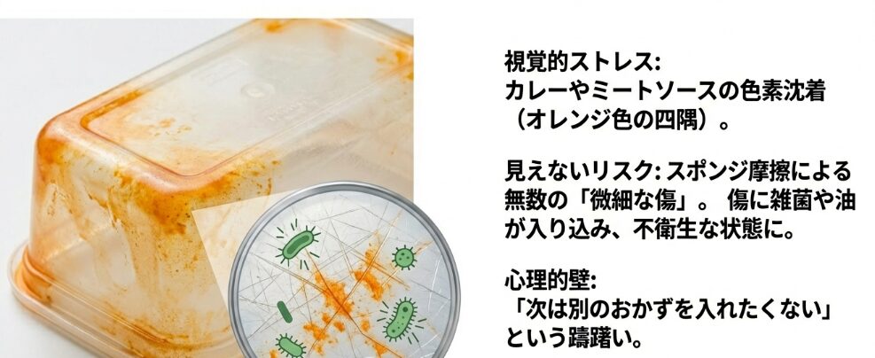 洗っても落ちないカレーの色と匂い