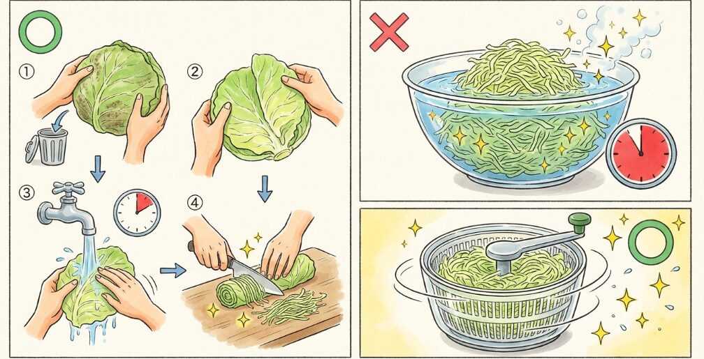 キャベツの千切りを洗う正しいタイミングと基本的なコツ