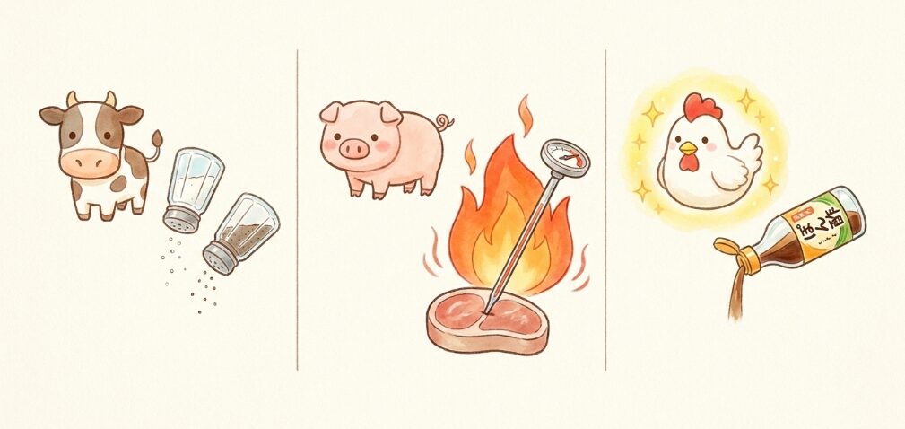 豚肉や牛肉など種類別の焼き加減