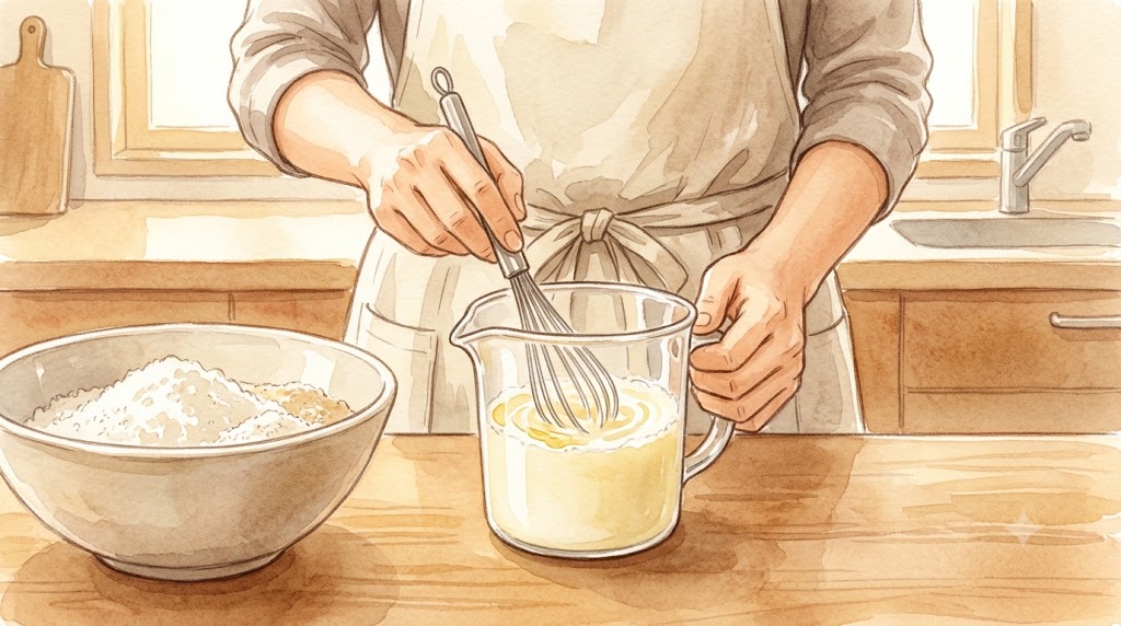 米粉スコーンのパサつきを防ぐ下ごしらえ。液体オイルと豆乳を計量カップで白濁するまでしっかり泡だて器で攪拌し、事前乳化させている様子を描いた温かみのある水彩画。