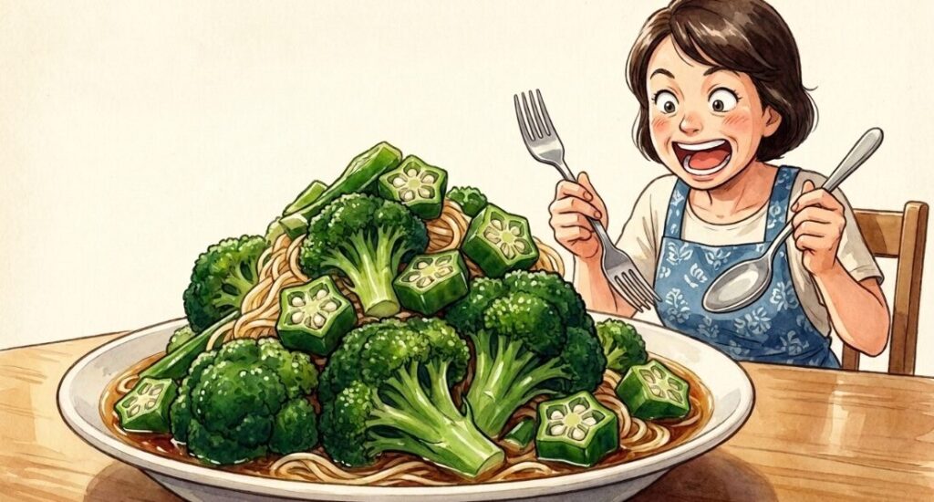 茹でたオクラやブロッコリーで食べ応えを出す