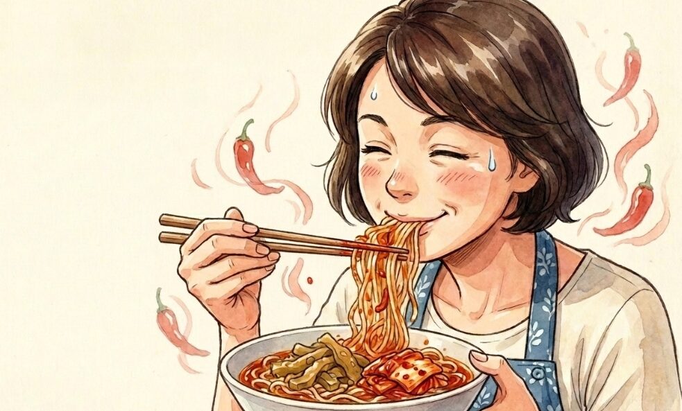 ザーサイやキムチを乗せてピリ辛風味にする