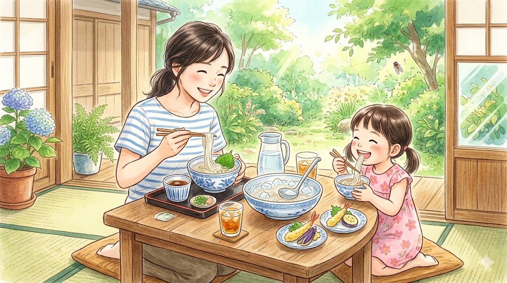 そうめん食べている親子