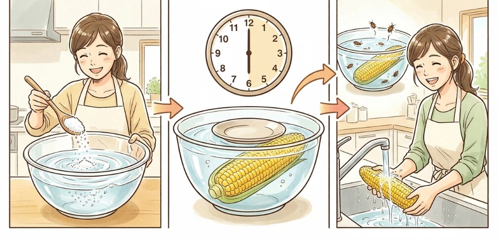 塩水につけて虫を追い出す下ごしらえ