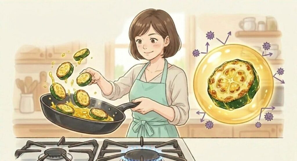 油で炒めて苦みをコーティングする工夫